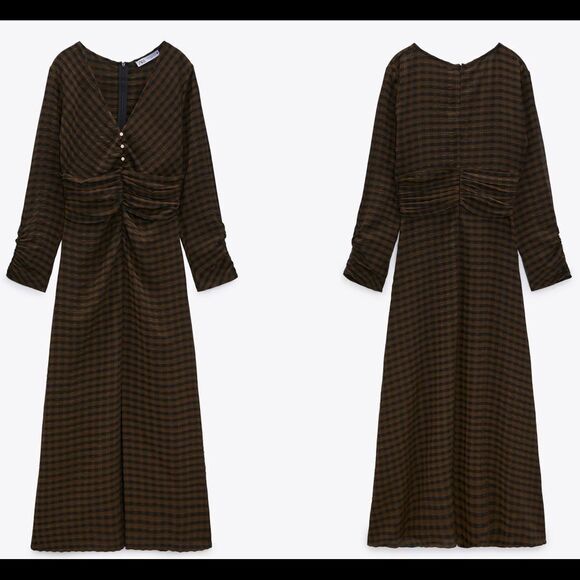 Zara Black brown check draped long sleeve V-neck dress Sz XS NWT New with tag - Picture 3 of 10